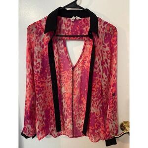 Red Camel Pink Orange Leopard Print Sheer Cutout Back Button Down Blouse XS